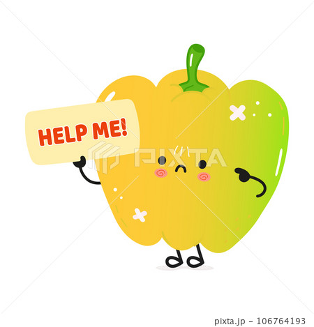 Sick Colored bell pepper asks for help character. Vector hand drawn cartoon kawaii character illustration icon. Isolated on white background. Suffering unhealthy Colored bell pepper character concept 106764193