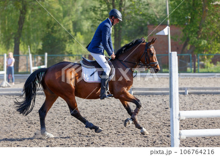 Young horseback sportsman on his course in showjumping competition Young horseback sportsman on his course in showjumping competition 106764216