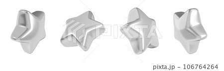 Silver star in different angles 3d illustration set. Glossy grey metallic floating star-shaped design element for rating or winner concept. Symbol of best quality and good rating. 106764264
