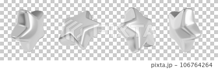 Silver star in different angles 3d illustration set. Glossy grey metallic floating star-shaped design element for rating or winner concept. Symbol of best quality and good rating. 106764264