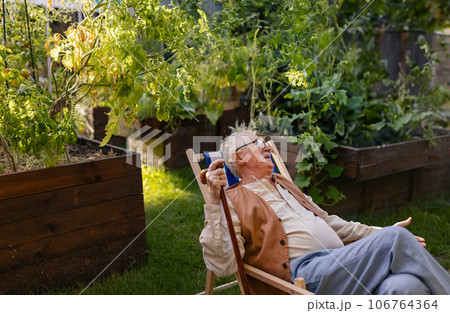 Portrait of smiling senior man resting after taking care vegetable plants in urban garden. Portrait of smiling senior man resting after taking care vegetable plants in urban garden. 106764364