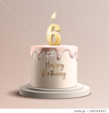 Six Years. Vector Birthday Sweet Cake. Greeting Card, Banner with 3d Realistic Burning Golden Birthday Party Candle, Number, Flame. Icon Design Template for Birthday Concept. Front View 106764425