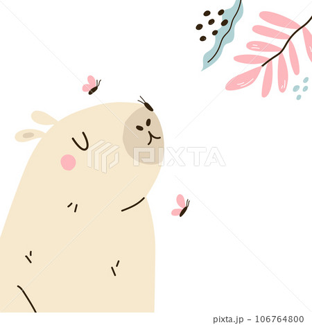Vector illustration with cute capybara and colorful butterflies 106764800