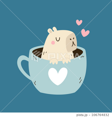 Vector illustration of a funny capybara sitting inside of cup. Vector illustration of a funny capybara sitting inside of cup. 106764832