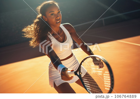 African American Female tennis player playing tennis on sunny orange tennis court close-up 106764889