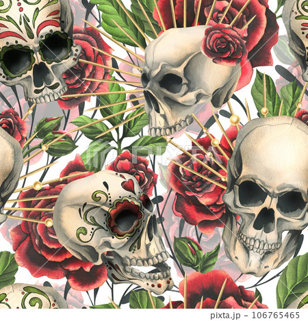 Human skulls with an ornament, red roses in a golden crown, branches. Hand drawn watercolor illustration for Halloween, day of the dead, Dia de los muertos. Seamless pattern on white background 106765465