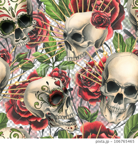 Human skulls with an ornament, red roses in a golden crown, branches. Hand drawn watercolor illustration for Halloween, day of the dead, Dia de los muertos. Seamless pattern on white background 106765465