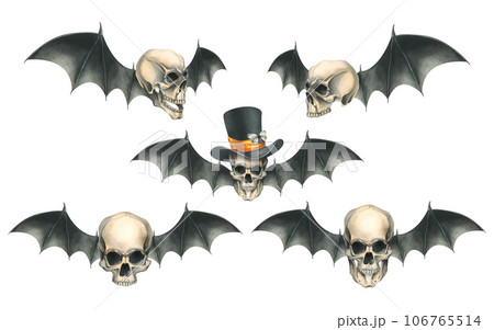 Human skulls in black top hat with orange satin ribbon with black bat wings for death day holiday halloween. Watercolor illustration hand drawn. Set of isolated elements on a white background Human skulls in black top hat with orange satin ribbon with black bat wings for death day holiday halloween. Watercolor illustration hand drawn. Set of isolated elements on a white background 106765514