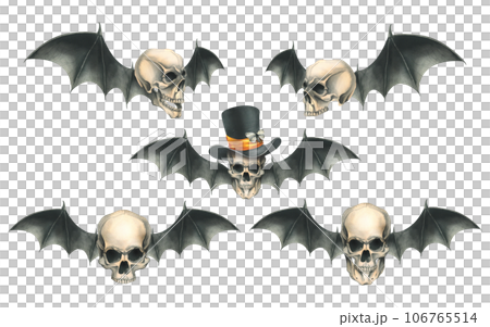 Human skulls in black top hat with orange satin ribbon with black bat wings for death day holiday halloween. Watercolor illustration hand drawn. Set of isolated elements on a white background Human skulls in black top hat with orange satin ribbon with black bat wings for death day holiday halloween. Watercolor illustration hand drawn. Set of isolated elements on a white background 106765514