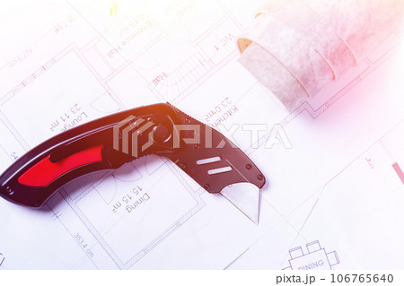 Building plan. Linoleum and flooring installation tools. Repair in the house. 106765640