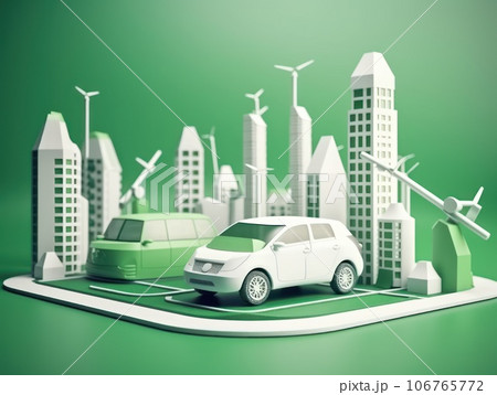 Green energy and sustainable concept, electric car and green city paper cut art. Generative AI 106765772
