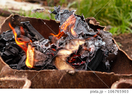 Wood burning. The rest of the hive. Burnt firewood. Ashes in the cauldron. Wood burning. The rest of the hive. Burnt firewood. Ashes in the cauldron. 106765903