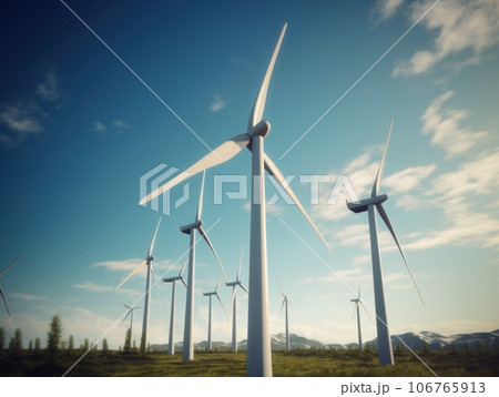 Wind turbines generating electricity with blue sky, energy conservation concept. Generative AI Wind turbines generating electricity with blue sky, energy conservation concept. Generative AI 106765913