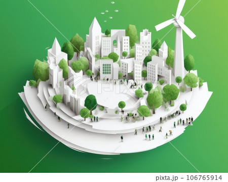Green energy and sustainable concept, electric car and green city paper cut art. Generative AI 106765914