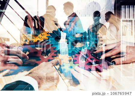 Business team silhouette connect pieces of gears. Teamwork, partnership and integration concept Business team silhouette connect pieces of gears. Teamwork, partnership and integration concept 106765947