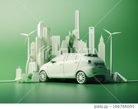 Green energy and sustainable concept, electric car and green city paper cut art. Generative AI 106766005