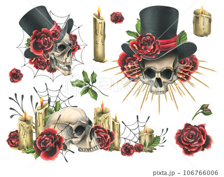 Human skull in a top hat with red roses, a golden crown with rays, candles. Hand drawn watercolor illustration for day of the dead, halloween, Dia de los muertos. Set elements on a white background 106766006