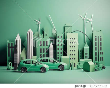 Green energy and sustainable concept, electric car and green city paper cut art. Generative AI Green energy and sustainable concept, electric car and green city paper cut art. Generative AI 106766086