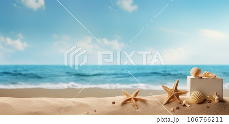 starfish on the sand against the backdrop of a wave. Generative AI 106766211