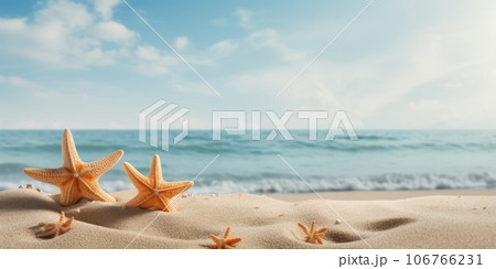 starfish on the beach, space for text or your product. Generative AI 106766231