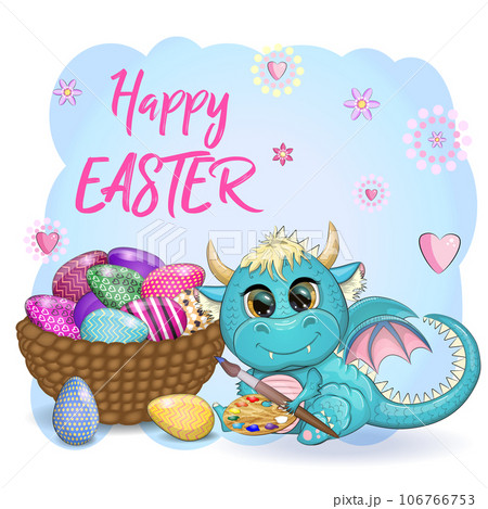 Cute cartoon green baby dragon with an easter egg. Symbol of 2024 according to the Chinese calendar Cute cartoon green baby dragon with an easter egg. Symbol of 2024 according to the Chinese calendar 106766753