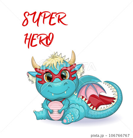 Cute cartoon green baby dragon in a red cape, super hero savior. Symbol of 2024 according to the Chinese calendar. 106766767