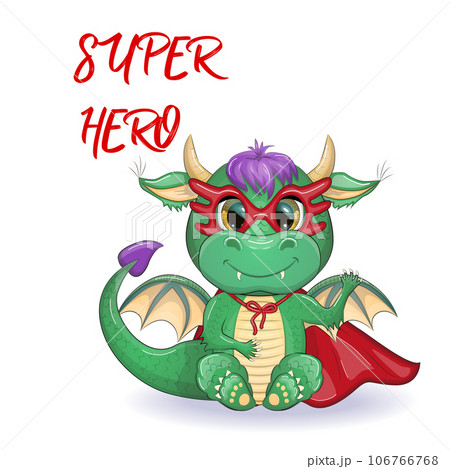 Cute cartoon green baby dragon in a red cape, super hero savior. Symbol of 2024 according to the Chinese calendar. 106766768