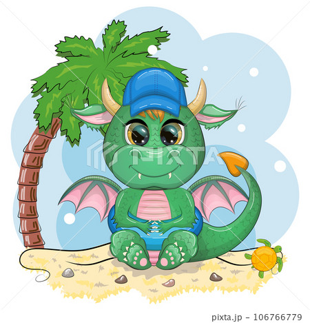 Cute cartoon green baby dragon in a hat on the beach in Hawaii. Symbol of 2024 according to the Chinese calendar Cute cartoon green baby dragon in a hat on the beach in Hawaii. Symbol of 2024 according to the Chinese calendar 106766779