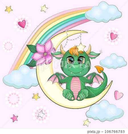 A cute cartoon green dragon sits on the moon. Animal on a dark blue background with clouds and stars. Year 2024 Chinese calendar 106766783