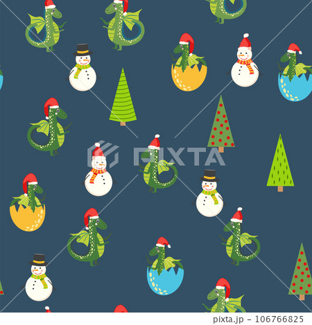 Seamless pattern with cute dragons Christmas design. Chinese New Year background with dragons for 2024 Seamless pattern with cute dragons Christmas design. Chinese New Year background with dragons for 2024 106766825