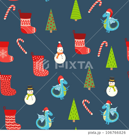 Seamless pattern with cute dragons Christmas design. Chinese New Year background with dragons for 2024 Seamless pattern with cute dragons Christmas design. Chinese New Year background with dragons for 2024 106766826