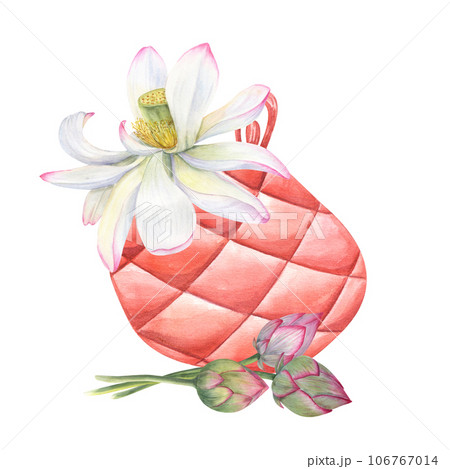 Watercolor composition of handbag with graceful lotus. Delicate blooming Water Lily. Illustration for your design. Party concept. Female fashion. Leather bag for parties, weddings, visits 106767014