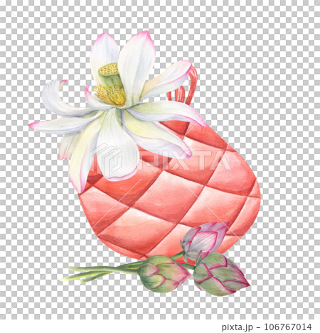 Watercolor composition of handbag with graceful lotus. Delicate blooming Water Lily. Illustration for your design. Party concept. Female fashion. Leather bag for parties, weddings, visits 106767014