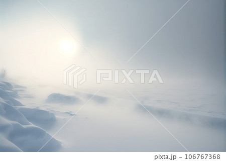 Snow dunes panorama during blizzard. White and empty frozen scenic imaginary landscape. Generative AI 106767368