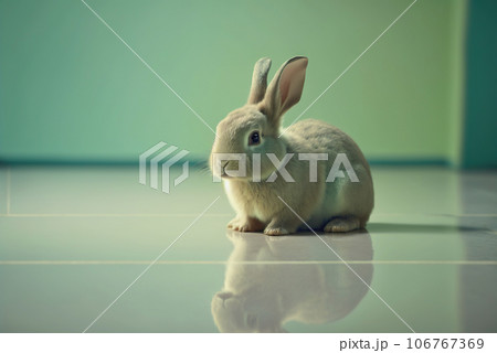 Cute little rabbit sitting on uniform floor background. Generative AI 106767369