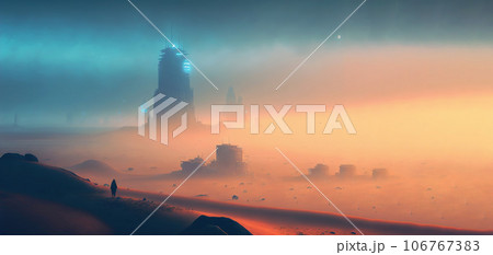 Futuristic cyberpunk city in desert dunes. Postapocalyptic megapolis in sand dunes. Generative AI. Futuristic cyberpunk city in desert dunes. Postapocalyptic megapolis in sand dunes. Generative AI. 106767383