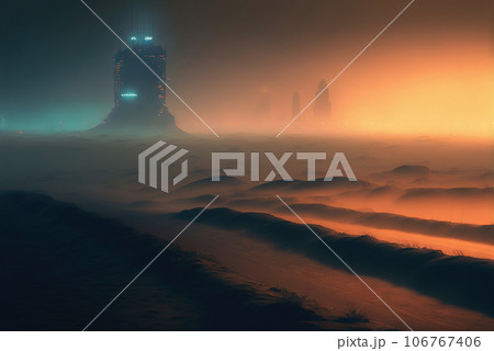 Futuristic cyberpunk city in desert dunes. Postapocalyptic megapolis in sand dunes. Generative AI. 106767406