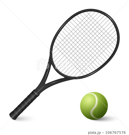 Vector 3d Realistic Tennis Ball and Tennis Racquet Closeup Isolated on White Background. Design Templates, Tennis Sports Equipment 106767576