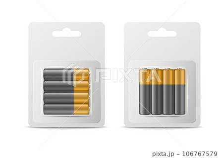 Vector 3d Realistic Four Alkaline Battery in Paper Bliste Icon Set Closeup Isolated. AA Size, Horizontal and Vertical Position. Design Template for Branding, Mockup Vector 3d Realistic Four Alkaline Battery in Paper Bliste Icon Set Closeup Isolated. AA Size, Horizontal and Vertical Position. Design Template for Branding, Mockup 106767579