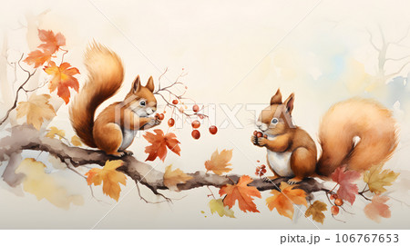 秋紅葉した木の枝の上でどんぐりを食べる2匹のリス「AI生成」の
