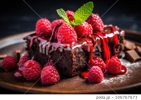 Chocolate brownie with a scoop of ice cream and raspberries 106767673