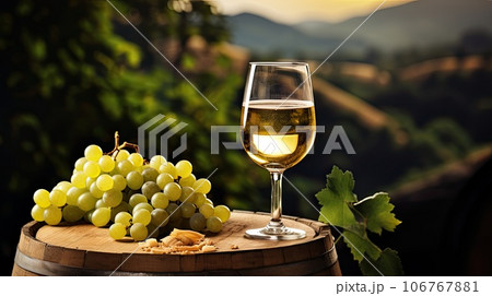glass of white wine on wine bareel glass of white wine on wine bareel 106767881