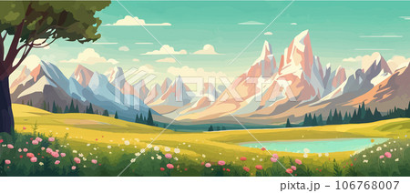 The landscape in different places is rich and magnificent. Vector background illustration. Panorama of the green mountain in the national park. Blooming alpine meadow. 106768007