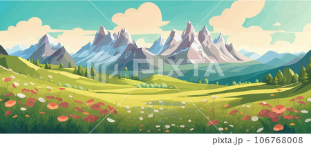 The landscape in different places is rich and magnificent. Vector background illustration. Panorama of the green mountain in the national park. Blooming alpine meadow. 106768008