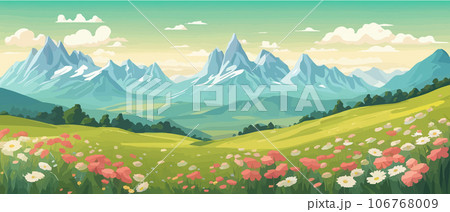 The landscape in different places is rich and magnificent. Vector background illustration. Panorama of the green mountain in the national park. Blooming alpine meadow. 106768009