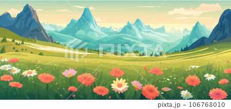 The landscape in different places is rich and magnificent. Vector background illustration. Panorama of the green mountain in the national park. Blooming alpine meadow. 106768010