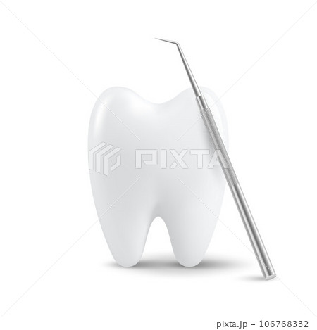Vector 3d Realistic Tooth and Dental Probe for Teeth Closeup Isolated on White Background. Medical Dentist Tool. Design Template, Clipart, Mockup. Dentistry, Healthcare, Hygiene Concept Vector 3d Realistic Tooth and Dental Probe for Teeth Closeup Isolated on White Background. Medical Dentist Tool. Design Template, Clipart, Mockup. Dentistry, Healthcare, Hygiene Concept 106768332