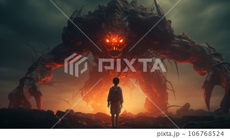 Giant scary monster and child, epic scene with humanoid beast and kid 106768524