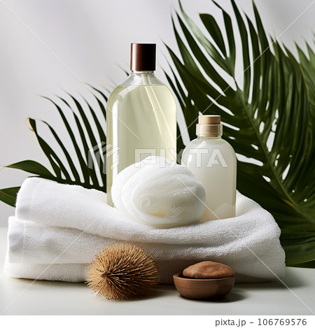 Spa still life with massage oil, towels and coconut on white background Spa still life with massage oil, towels and coconut on white background 106769576