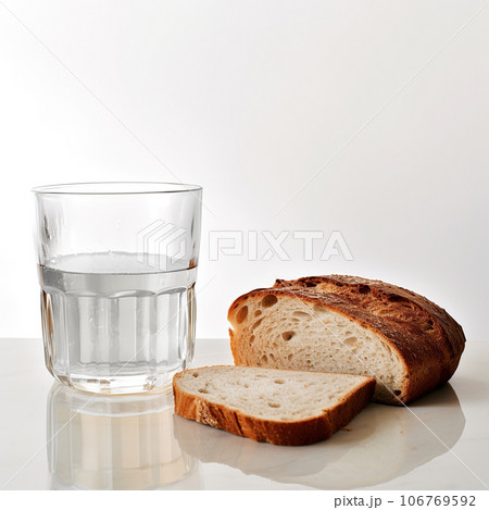 Bread and water close-up. Sliced bread and a glass of water on a white background. Bread and water close-up. Sliced bread and a glass of water on a white background. 106769592